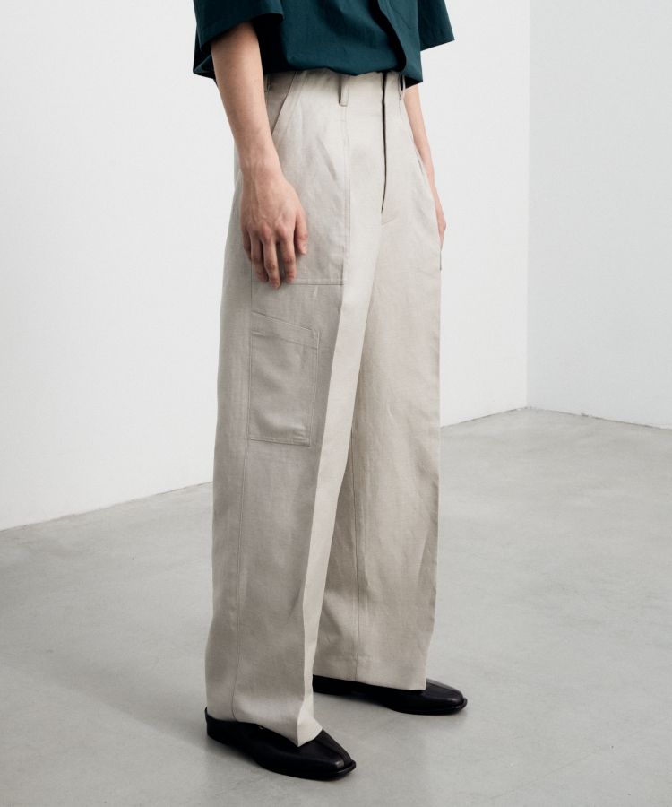 LIDNM WOOL LINEN UTILITY SLACKS 安く WOOL Mサイズ カーキ SLACKS STRAIGHT BACKSATIN スラックス