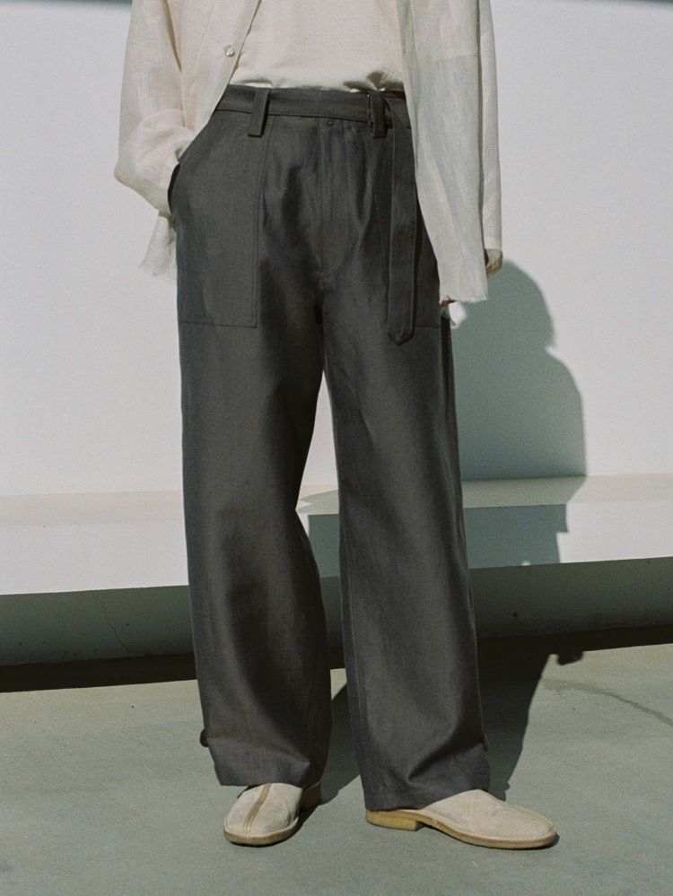 WOOL LINEN  BELTED PANTS