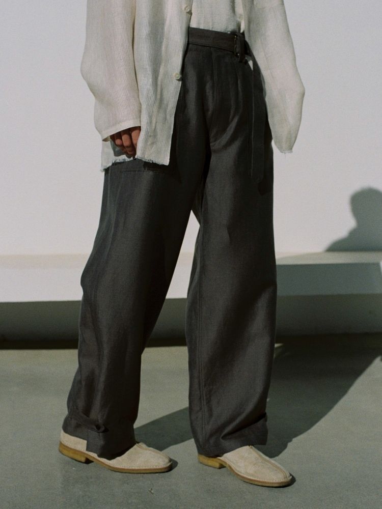 WOOL LINEN  BELTED PANTS